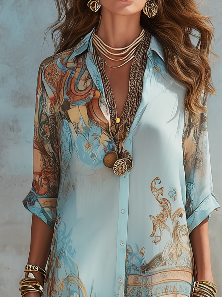 Baroque Style Floral Blue Chiffon Maxi Dress
