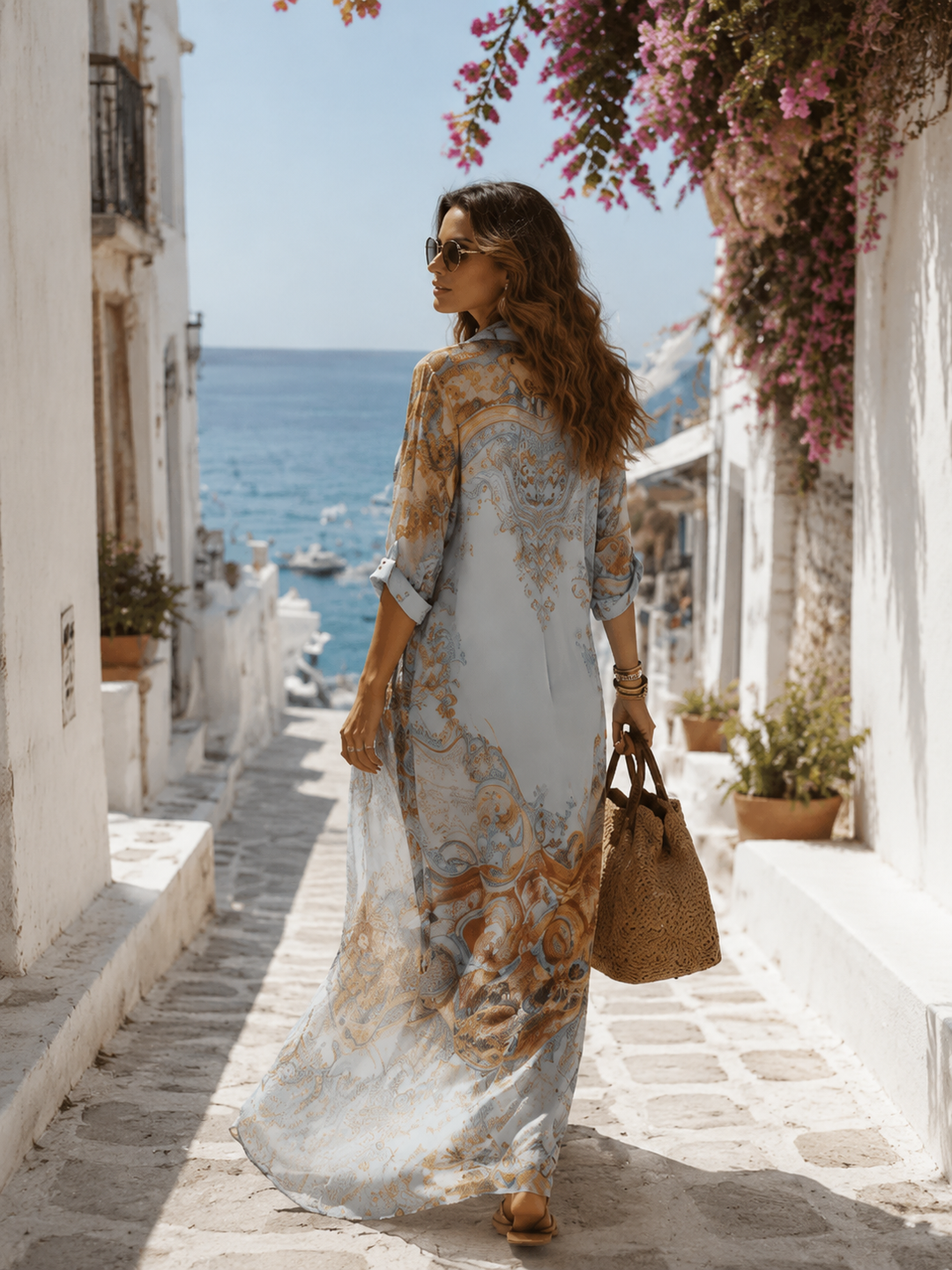 Baroque Style Floral Blue Chiffon Maxi Dress